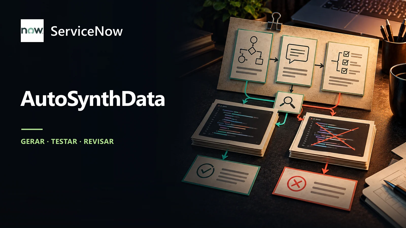 Marca ServiceNow e nome AutoSynthData acompanham fichas de tarefas e caminhos de verificação, com gerar, testar e revisar em destaque.